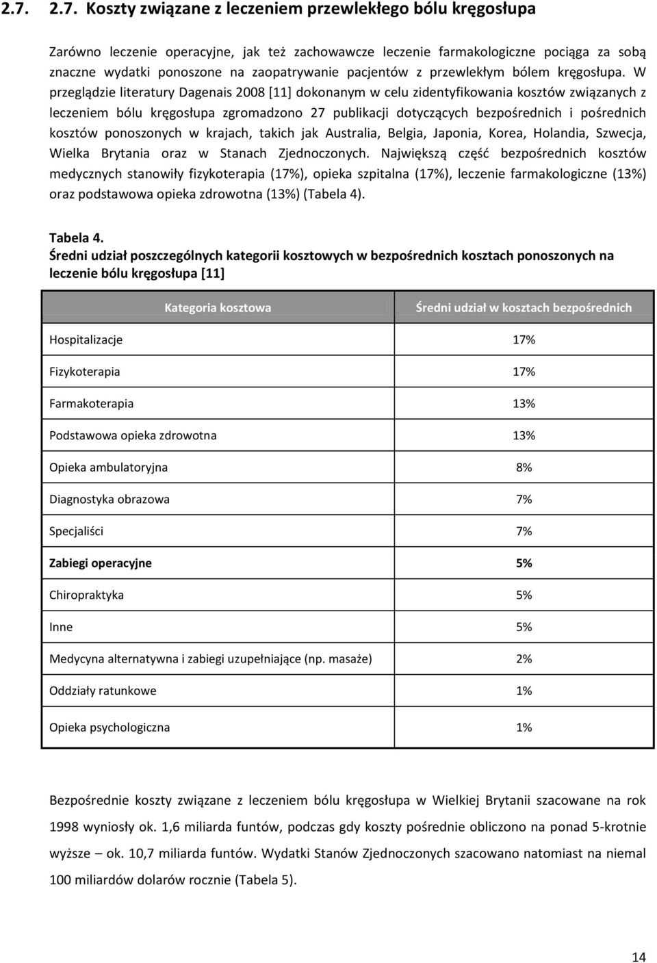 W przeglądzie literatury Dagenais 2008 [11] dokonanym w celu zidentyfikowania kosztów związanych z leczeniem bólu kręgosłupa zgromadzono 27 publikacji dotyczących bezpośrednich i pośrednich kosztów