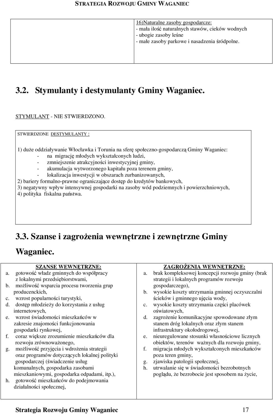 STWIERDZONE DESTYMULANTY : 1) duŝe oddziaływanie Włocławka i Torunia na sferę społeczno-gospodarczą Gminy Waganiec: - na migrację młodych wykształconych ludzi, - zmniejszenie atrakcyjności