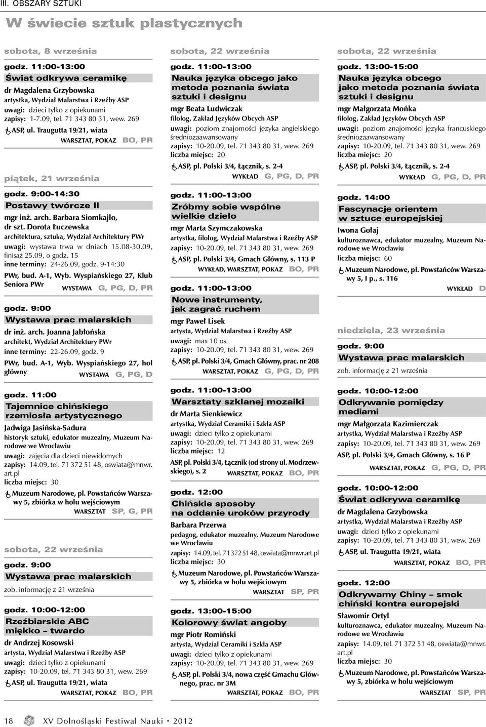 Traugutta 19/21, wiata godz. 9:00-14:30 Postawy twórcze II WARSZTAT, POKAZ BO, PR mgr inż. arch. Barbara Siomkajło, dr szt.