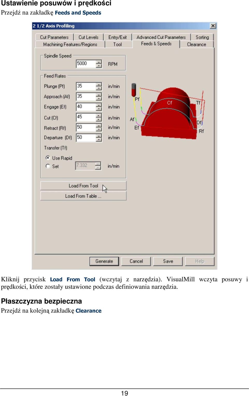 VisualMill wczyta posuwy i prędkości, które zostały ustawione podczas