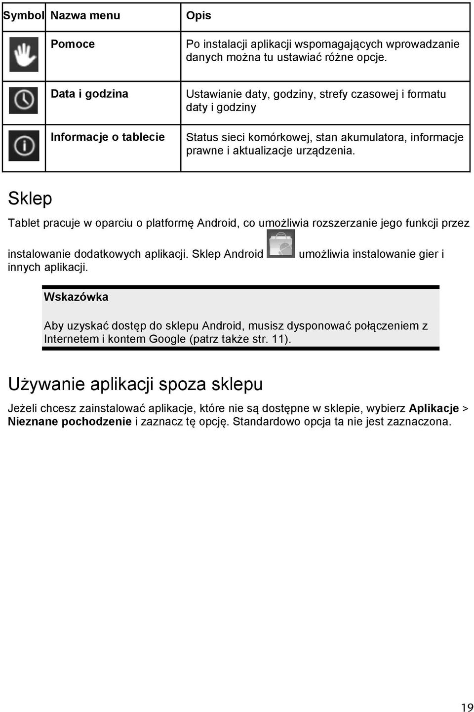 Sklep Tablet pracuje w oparciu o platformę Android, co umożliwia rozszerzanie jego funkcji przez instalowanie dodatkowych aplikacji. Sklep Android innych aplikacji.