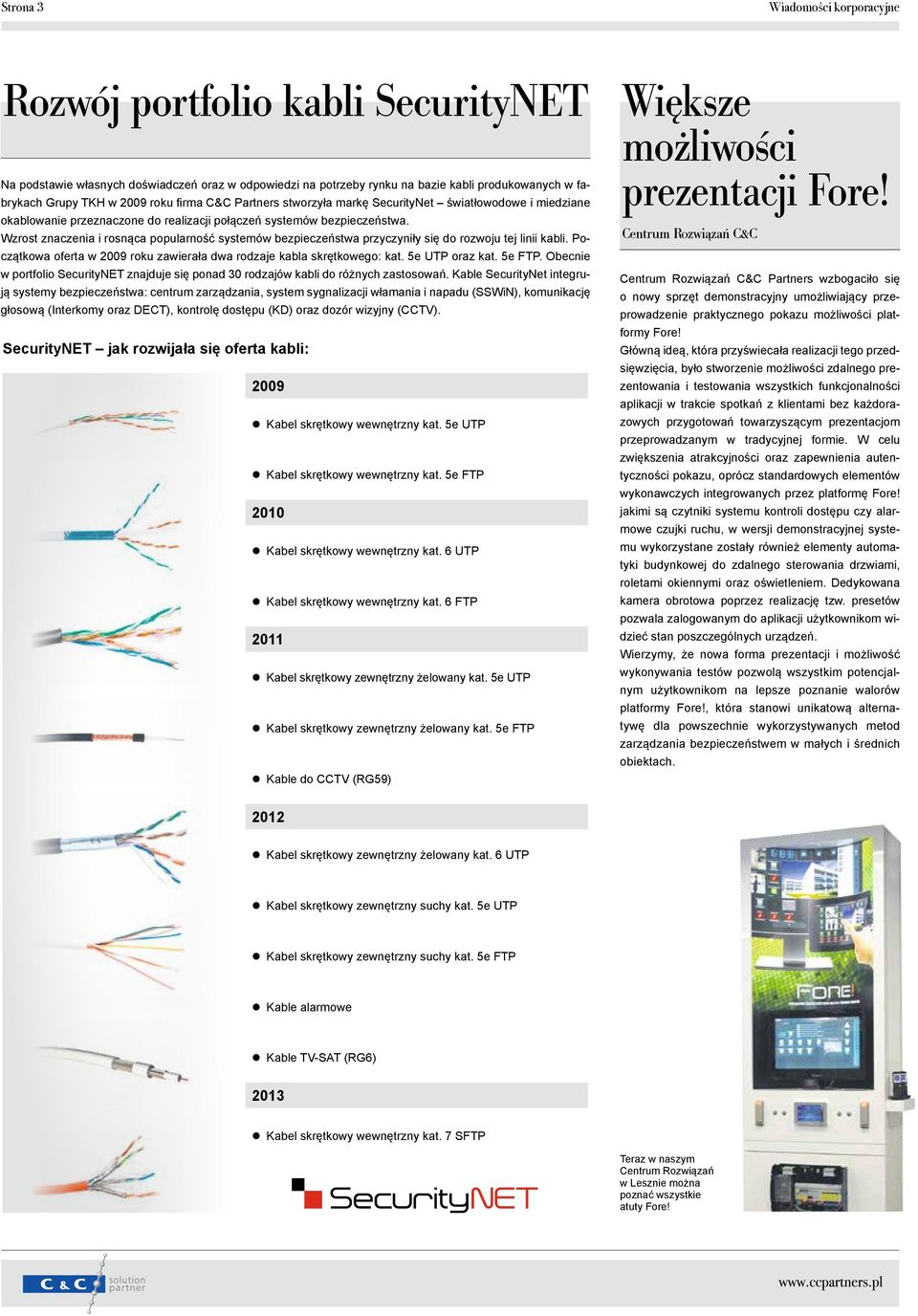 Wzrost znaczenia i rosnąca popularność systemów bezpieczeństwa przyczyniły się do rozwoju tej linii kabli. Początkowa oferta w 2009 roku zawierała dwa rodzaje kabla skrętkowego: kat. 5e UTP oraz kat.