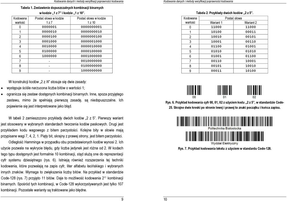 Kodowana Postać słowa wartość Wariant Wariant 2 2 3 4 5 6 7 8 9 W konstrukcji kodów 2 z N stosuje się dwie zasady: występuje ściśle narzucona liczba bitów o wartości ; ogranicza się zestaw dostępnych