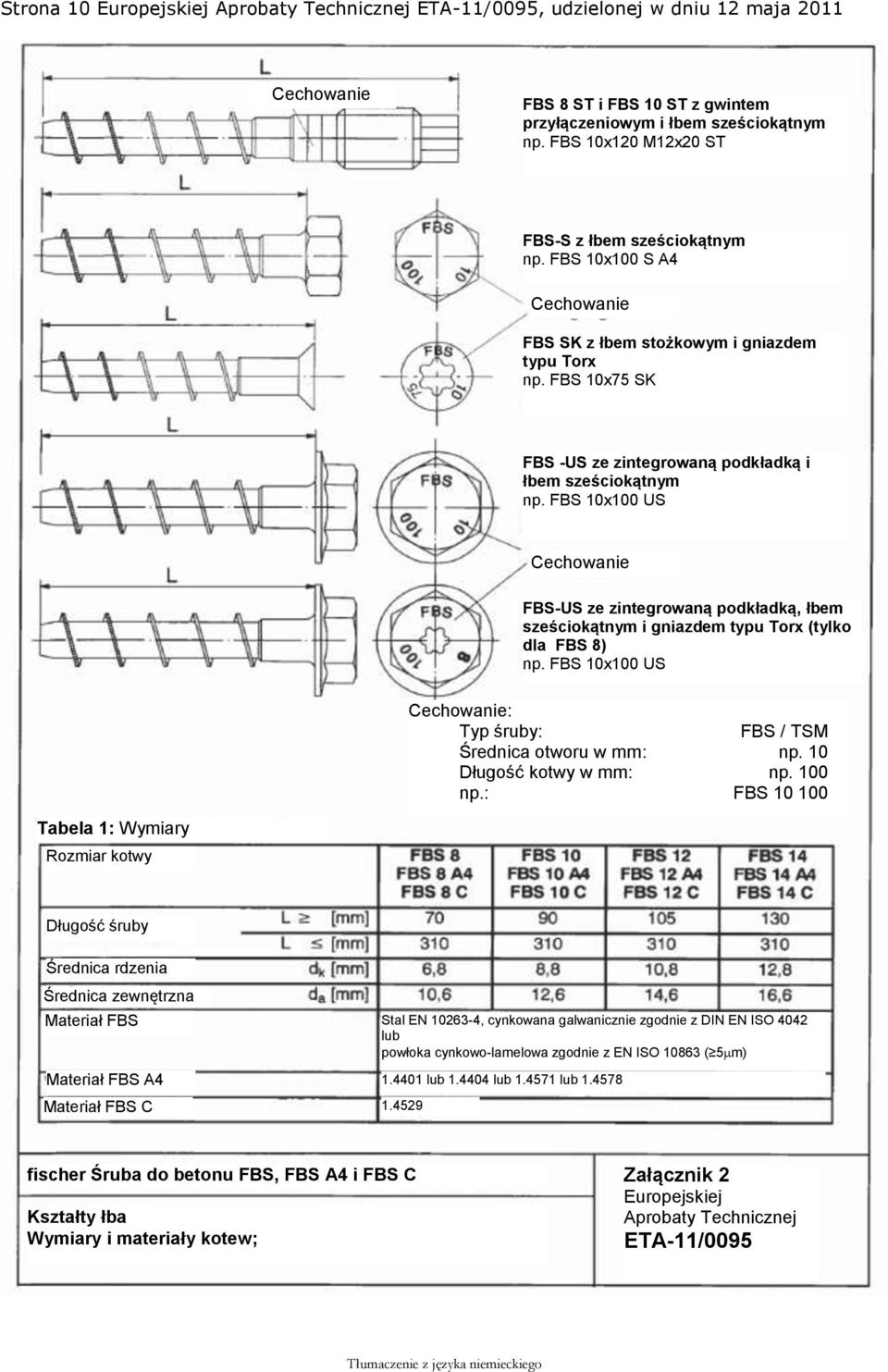 FBS 10x100 US Cechowanie FBS-US ze zintegrowaną podkładką, łbem sześciokątnym i gniazdem typu Torx (tylko dla FBS 8) np. FBS 10x100 US Cechowanie: Typ śruby: FBS / TSM Średnica otworu w mm: np.