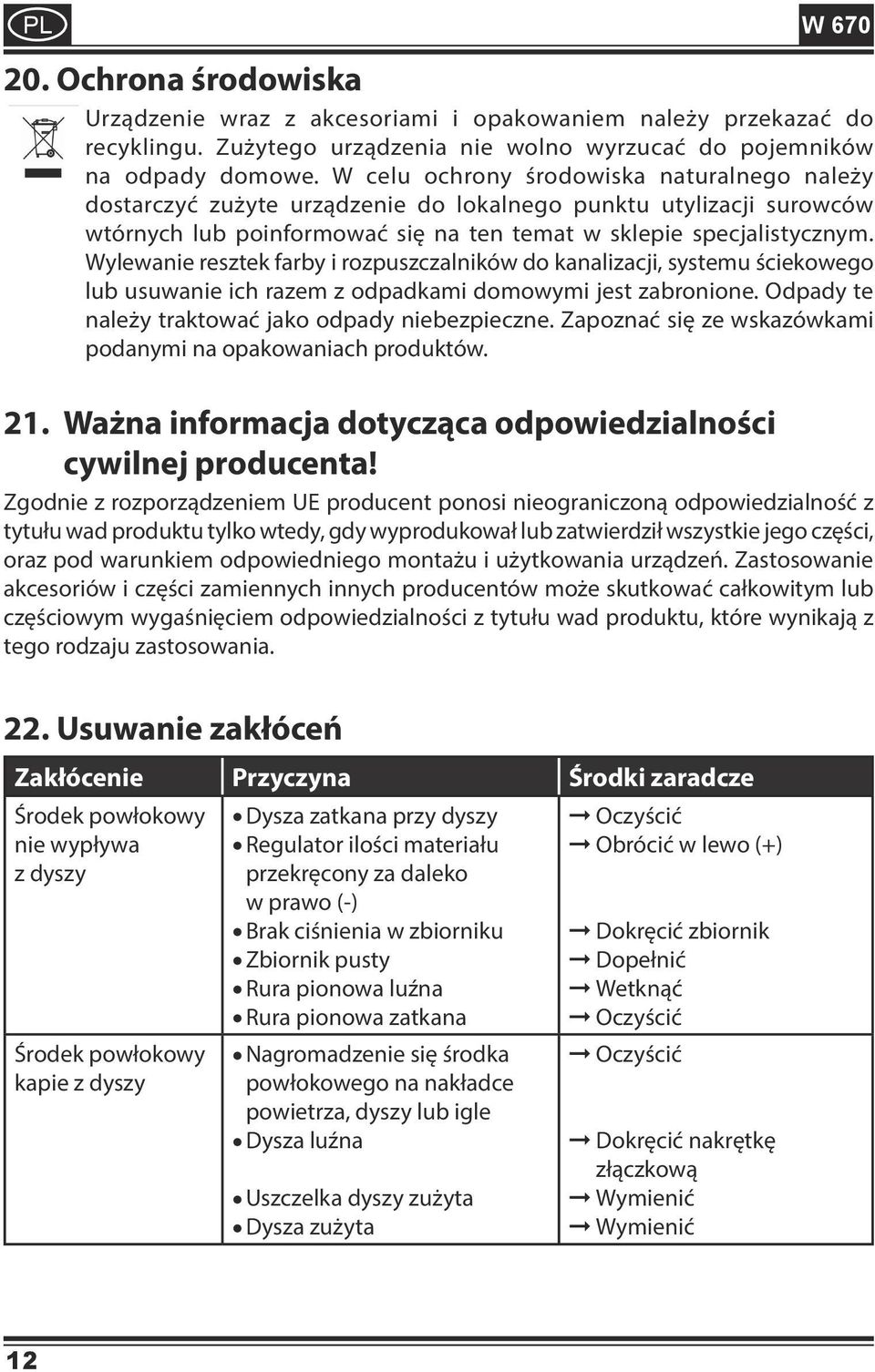 Wylewanie resztek farby i rozpuszczalników do kanalizacji, systemu ściekowego lub usuwanie ich razem z odpadkami domowymi jest zabronione. Odpady te należy traktować jako odpady niebezpieczne.