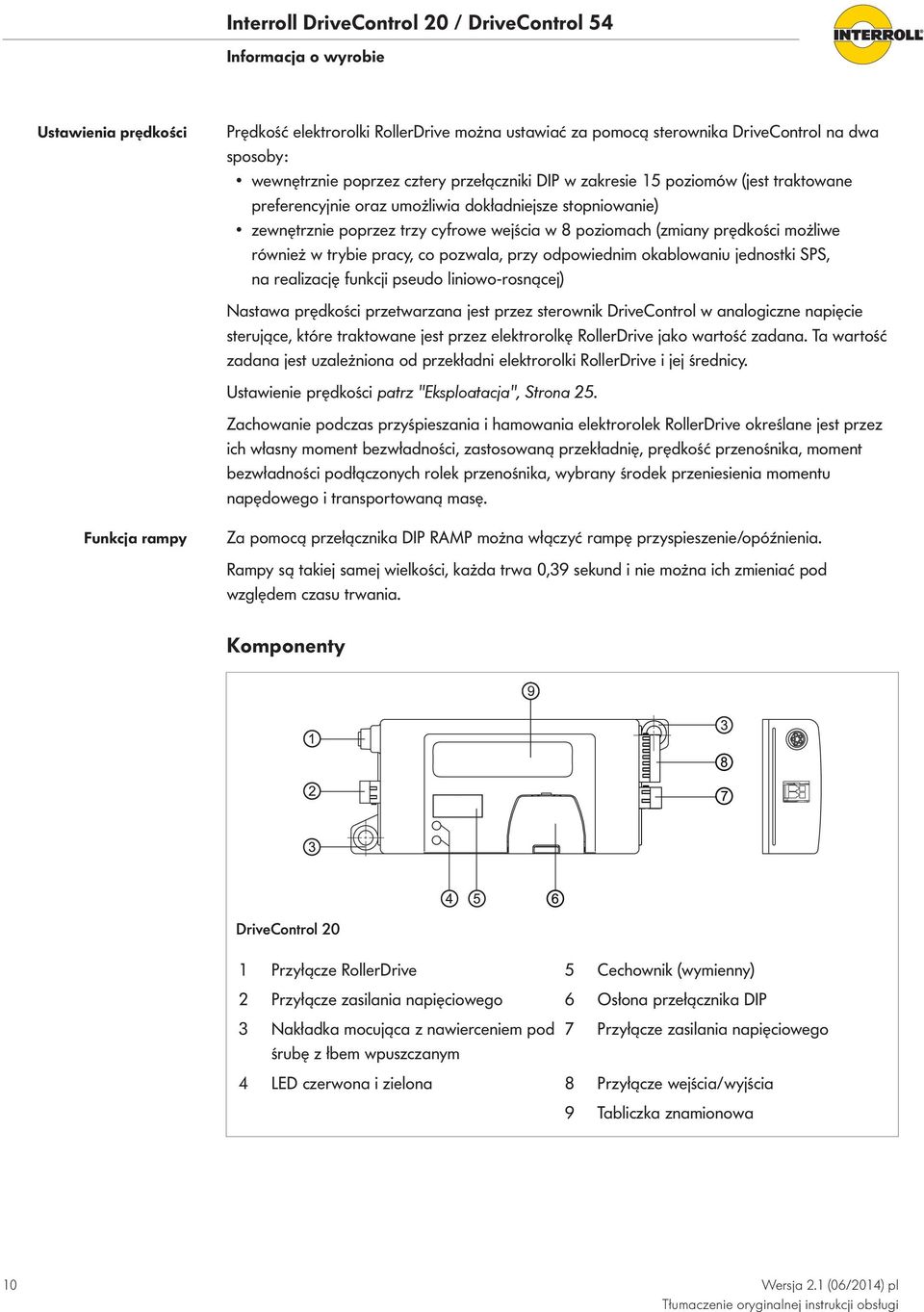 pracy, co pozwala, przy odpowiednim okablowaniu jednostki SPS, na realizację funkcji pseudo liniowo-rosnącej) Nastawa prędkości przetwarzana jest przez sterownik DriveControl w analogiczne napięcie