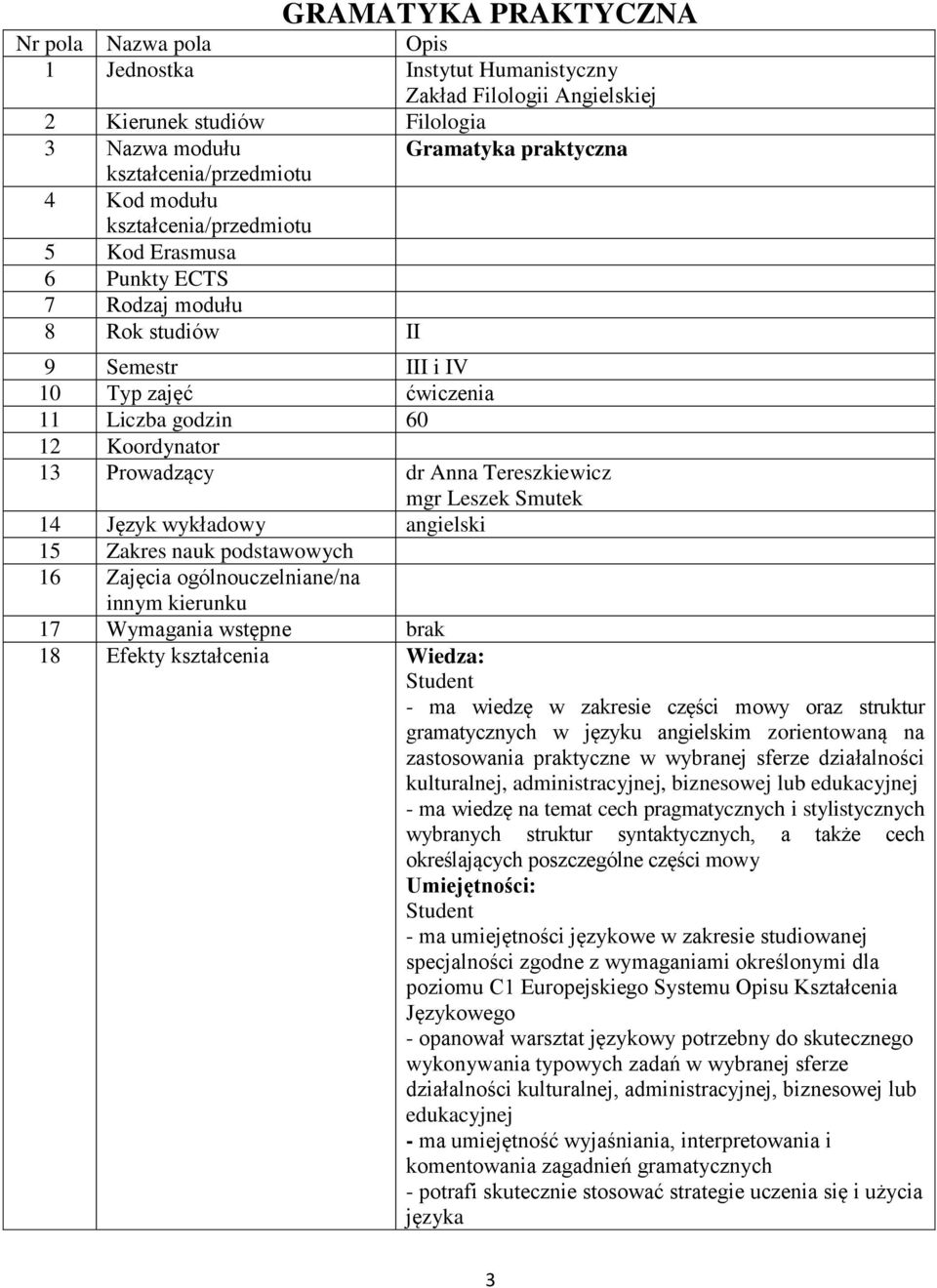 Tereszkiewicz mgr Leszek Smutek 14 Język wykładowy angielski 15 Zakres nauk podstawowych 16 Zajęcia ogólnouczelniane/na innym kierunku 17 Wymagania wstępne brak 18 Efekty kształcenia Wiedza: Student