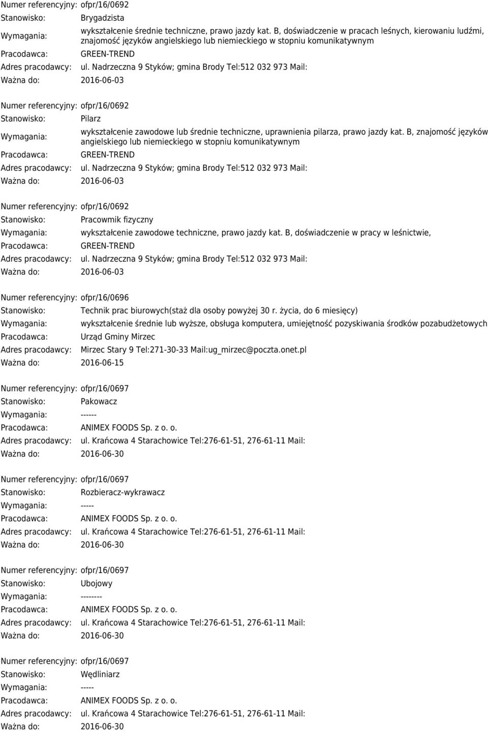 Nadrzeczna 9 Styków; gmina Brody Tel:512 032 973 Mail: Numer referencyjny: ofpr/16/0692 Pilarz wykształcenie zawodowe lub średnie techniczne, uprawnienia pilarza, prawo jazdy kat.
