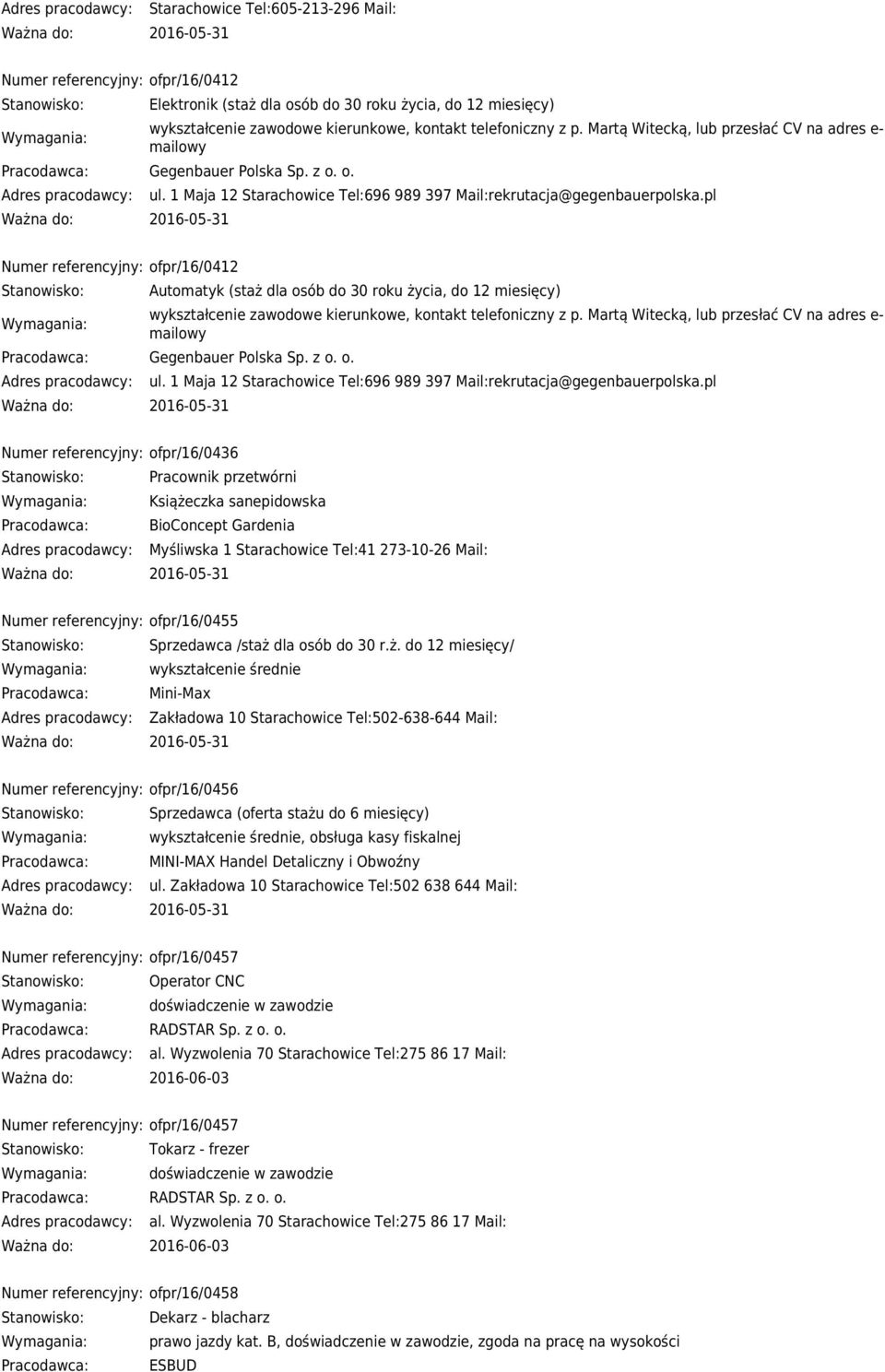 pl Numer referencyjny: ofpr/16/0412 Automatyk (staż dla osób do 30 roku życia, do 12 miesięcy) wykształcenie zawodowe kierunkowe, kontakt telefoniczny z p.