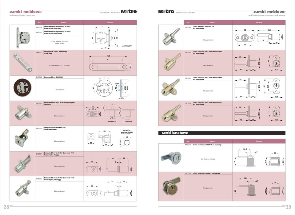 centralny SISO 1018 19 mm 1 ucho ZMZ-0049 Zamek centralny wciskany 1013 (szafki metalowe) ZMZ-0101 Zamek kasetowy LOB ZK-11 na śrubokręt ZMZ-0046 Zamek meblowy centralny Euro-Locks