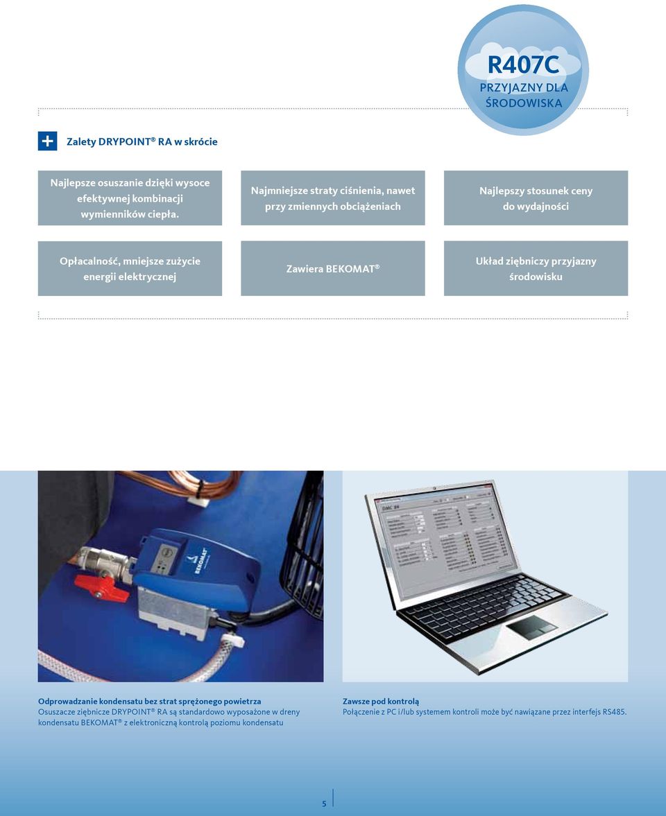 Zawiera BEKOMAT Układ ziębniczy przyjazny środowisku Odprowadzanie kondensatu bez strat sprężonego powietrza Osuszacze ziębnicze DRYPOINT RA są standardowo