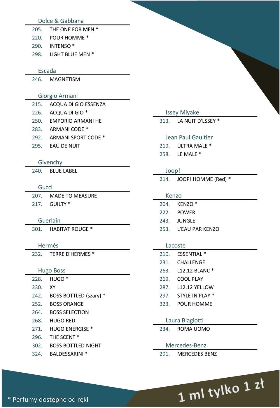 ULTRA MALE * LE MALE * Givenchy 240. BLUE LABEL Joop! 214. JOOP! HOMME (Red) * Gucci 207. MADE TO MEASURE Kenzo 217. GUILTY * 204. 222. KENZO * POWER Guerlain 243. JUNGLE 301. HABITAT ROUGE * 253.