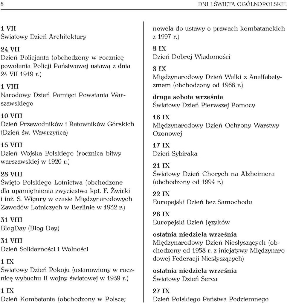 ) 28 VIII Święto Polskiego Lotnictwa (obchodzone dla upamiętnienia zwycięstwa kpt. F. Żwirki i inż. S. Wigury w czasie Międzynarodowych Zawodów Lotniczych w Berlinie w 1932 r.