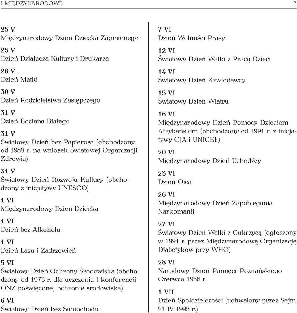 na wniosek Światowej Organizacji Zdrowia) 31 V Światowy Dzień Rozwoju Kultury (obchodzony z inicjatywy UNESCO) 1 VI Międzynarodowy Dzień Dziecka 1 VI Dzień bez Alkoholu 1 VI Dzień Lasu i Zadrzewień 5