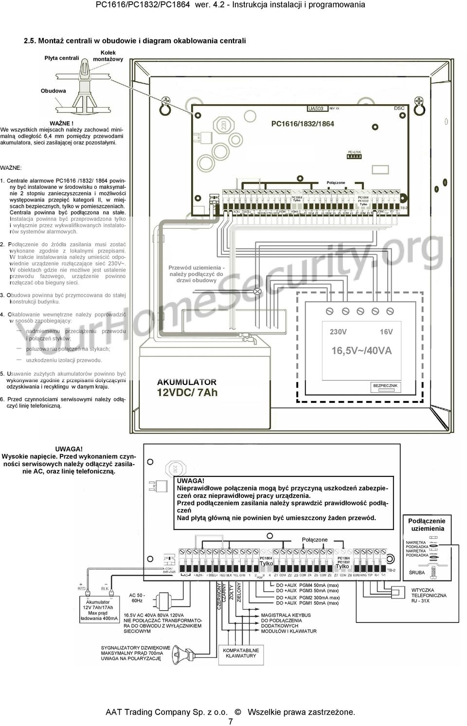 Centrale alarmowe PC1616 /1832/ 1864 powinny być instalowane w środowisku o maksymalnie 2 stopniu zanieczyszczenia i możliwości występowania przepięć kategorii II, w miejscach bezpiecznych, tylko w
