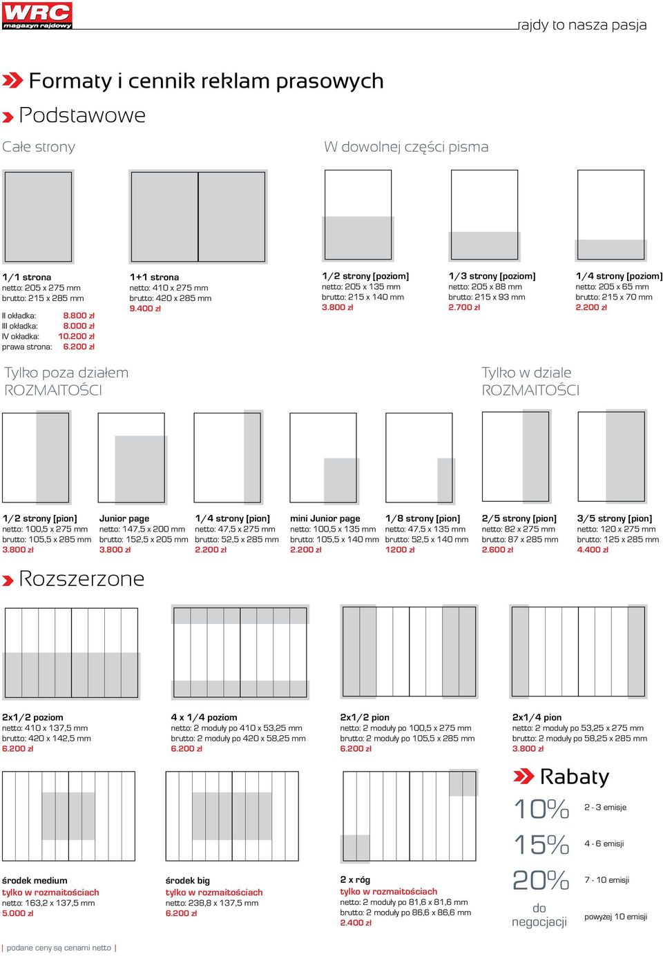 800 zł 1/3 strony [poziom] netto: 205 x 88 mm brutto: 215 x 93 mm 2.700 zł 1/4 strony [poziom] netto: 205 x 65 mm brutto: 215 x 70 mm 2.
