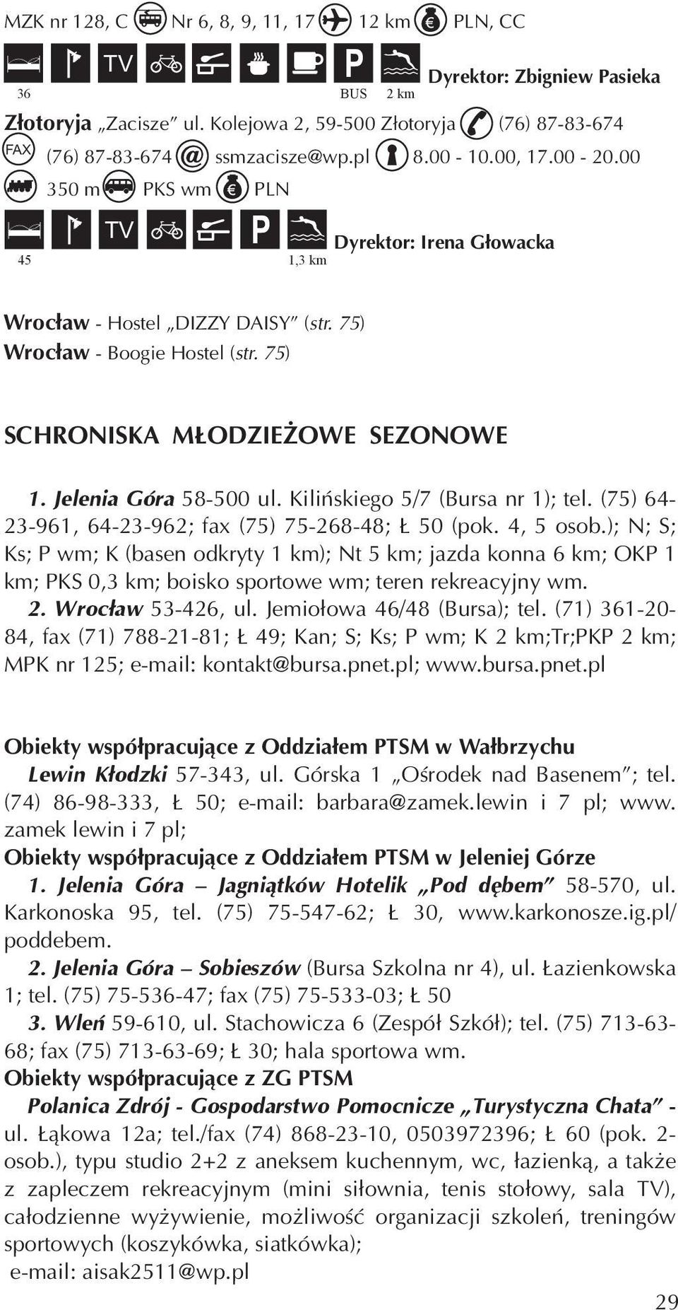 Jelenia Góra 58-500 ul. Kiliñskiego 5/7 (Bursa nr 1); tel. (75) 64-23-961, 64-23-962; fax (75) 75-268-48; 50 (pok. 4, 5 osob.