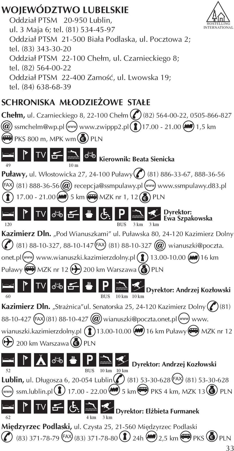 Czarnieckiego 8, 22-100 Che³m 49 HOSTELLING INTERNATIONAL (82) 564-00-22, 0505-866-827 ssmchelm@wp.pl.zwippp2.pl 17.00-21.00 1,5 km KS 800 m, MK wm LN 10 m Kierownik: Beata Sienicka u³awy, ul.