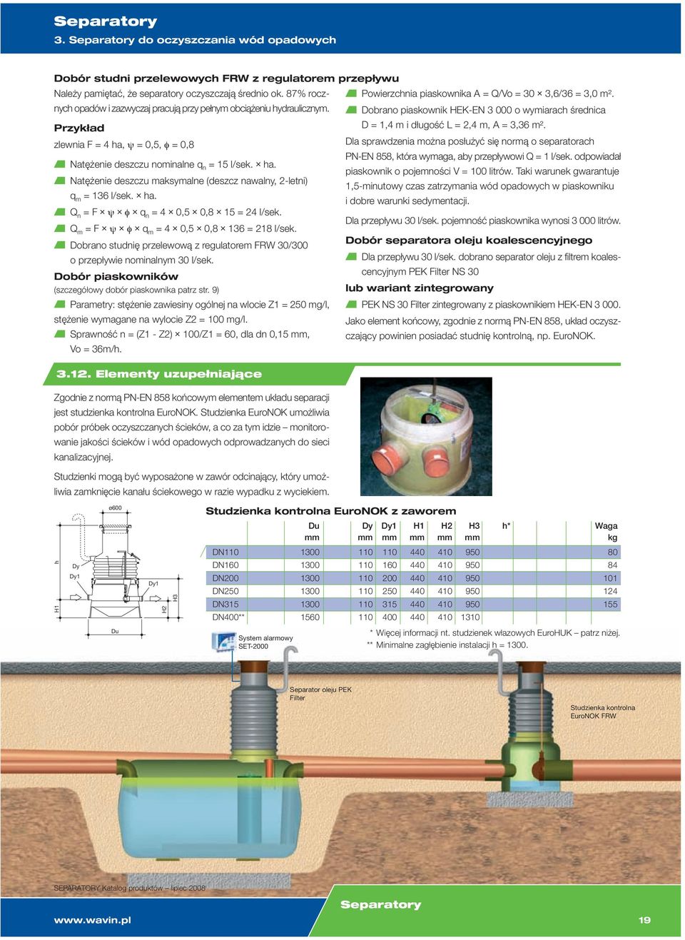 Przykład D = 1,4 m i długość L = 2,4 m, A = 3,36 m². zlewnia F = 4 ha, ψ = 0,5, φ = 0,8 Dla sprawdzenia można posłużyć się normą o separatorach PN-EN 858, która wymaga, aby przepływowi Q = 1 l/sek.
