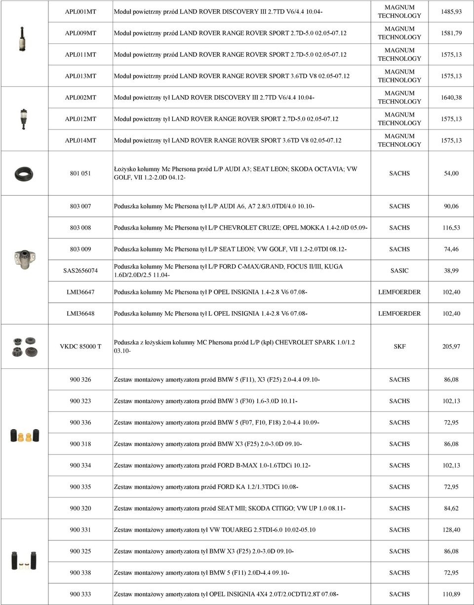 7TD V6/4.4 10.04- APL012MT Moduł powietrzny tył LAND ROVER RANGE ROVER SPORT 2.7D-5.0 02.05-07.