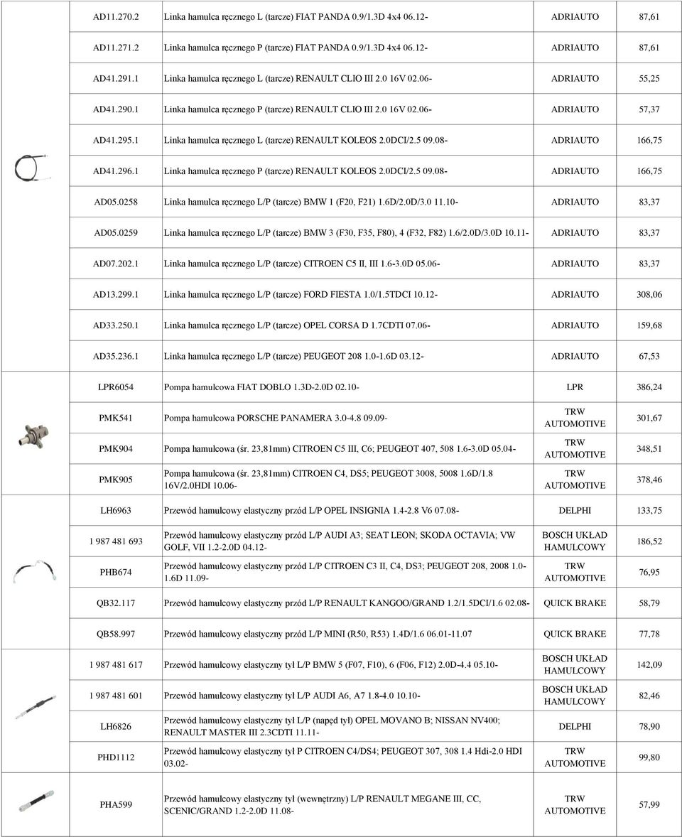 1 Linka hamulca ręcznego L (tarcze) RENAULT KOLEOS 2.0DCI/2.5 09.08- ADRIAUTO 166,75 AD41.296.1 Linka hamulca ręcznego P (tarcze) RENAULT KOLEOS 2.0DCI/2.5 09.08- ADRIAUTO 166,75 AD05.