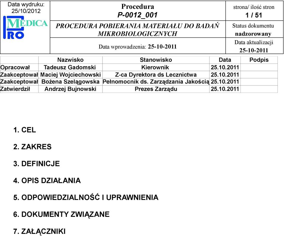 2011 Zaakceptował Bożena Szelągowska Pełnomocnik ds. Zarządzania Jakością 25.10.