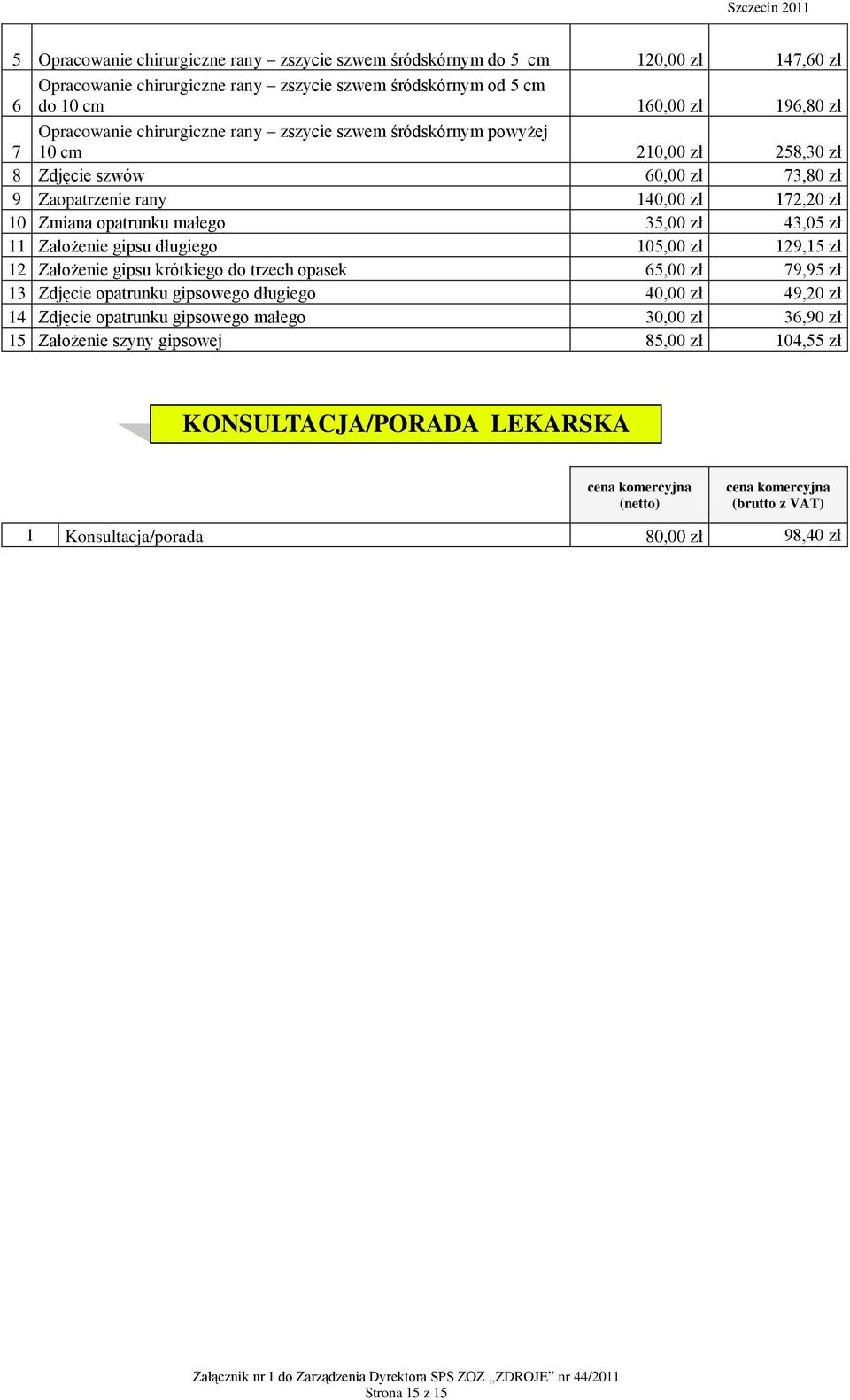 małego 35,00 zł 43,05 zł 11 Założenie gipsu długiego 105,00 zł 129,15 zł 12 Założenie gipsu krótkiego do trzech opasek 65,00 zł 79,95 zł 13 Zdjęcie opatrunku gipsowego długiego 40,00 zł