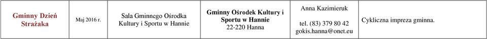 Sportu w Hannie 22-220 Hanna Anna Kazimieruk tel.