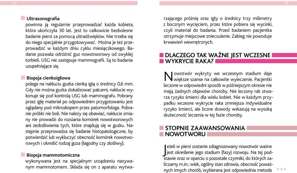 USG nie zastępuje mammografii. Są to badania uzupełniające się. Biopsja cienkoigłowa polega na nakłuciu guzka cienką igłą o średnicy 0,6 mm.