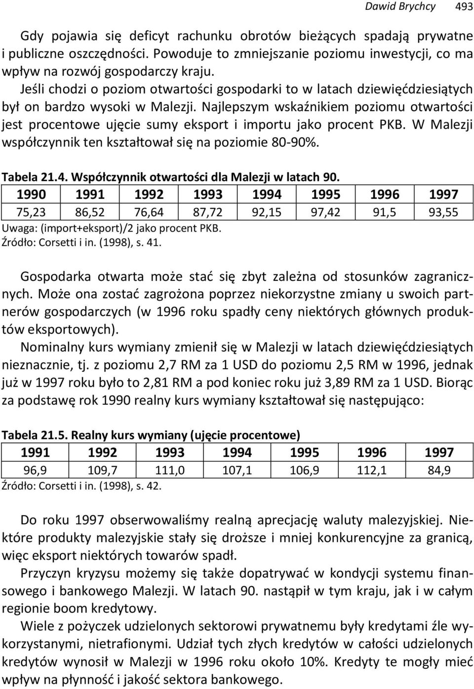 Najlepszym wskaźnikiem poziomu otwartości jest procentowe ujęcie sumy eksport i importu jako procent PKB. W Malezji współczynnik ten kształtował się na poziomie 80-90%. Tabela 21.4.