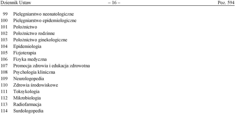 Położnictwo rodzinne 103 Położnictwo ginekologiczne 104 Epidemiologia 105 Fizjoterapia 106 Fizyka