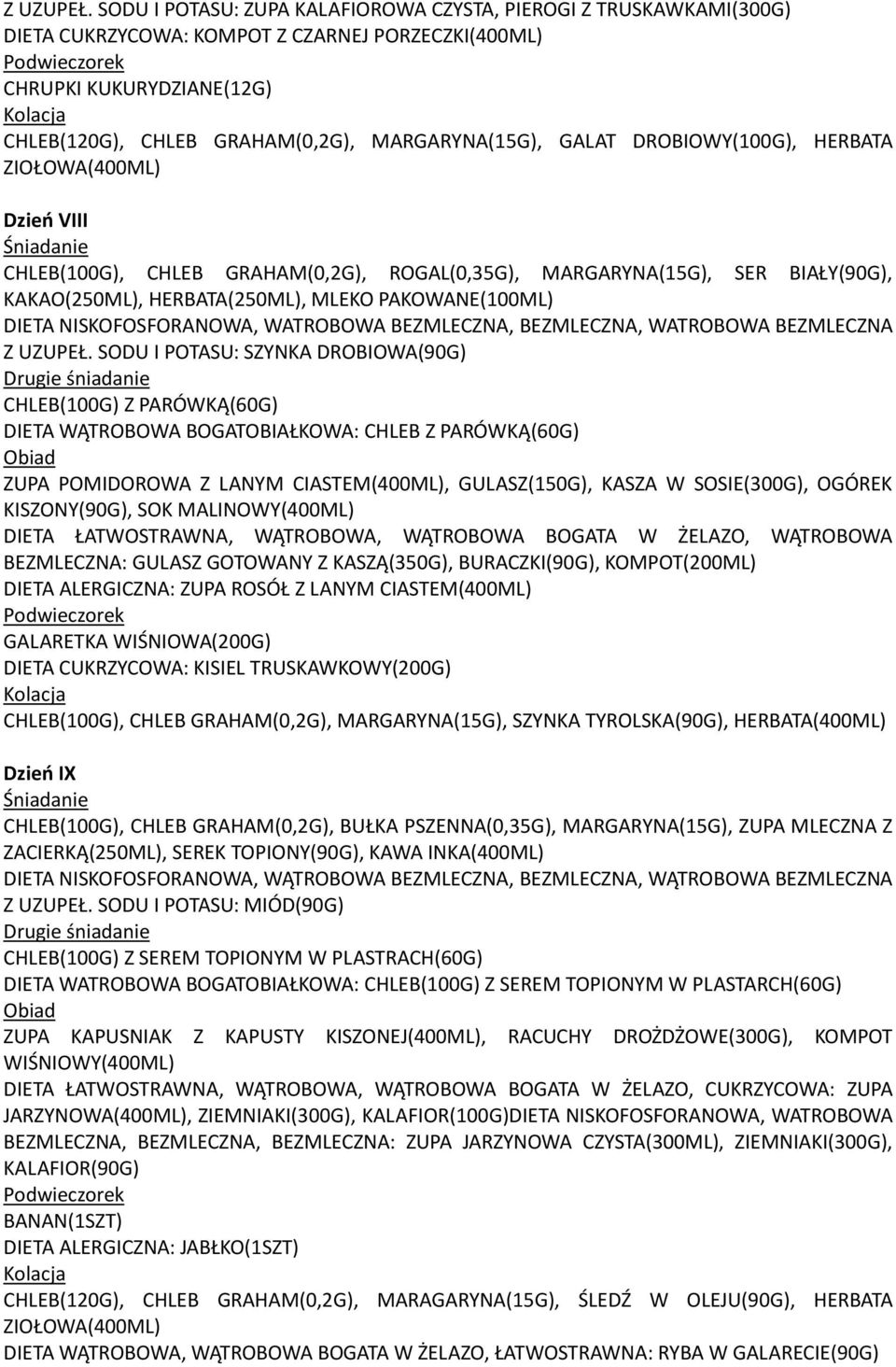 GALAT DROBIOWY(100G), HERBATA ZIOŁOWA(400ML) Dzień VIII CHLEB(100G), CHLEB GRAHAM(0,2G), ROGAL(0,35G), MARGARYNA(15G), SER BIAŁY(90G), KAKAO(250ML), HERBATA(250ML), MLEKO PAKOWANE(100ML) DIETA