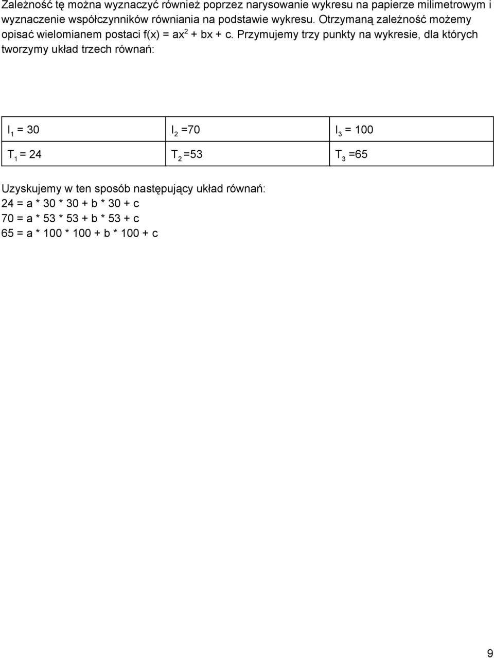 Przymujemy trzy punkty na wykresie, dla których tworzymy układ trzech równań: I 1 = 30 I 2 =70 I 3 = 100 T 1 = 24 T 2 =53 T 3