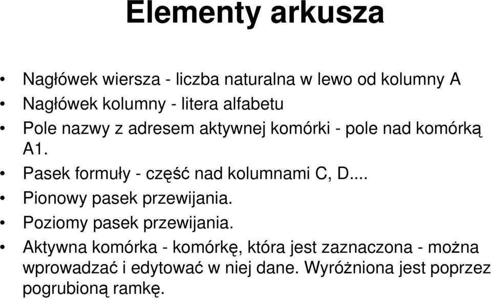 Pasek formuły - część nad kolumnami C, D... Pionowy pasek przewijania. Poziomy pasek przewijania.