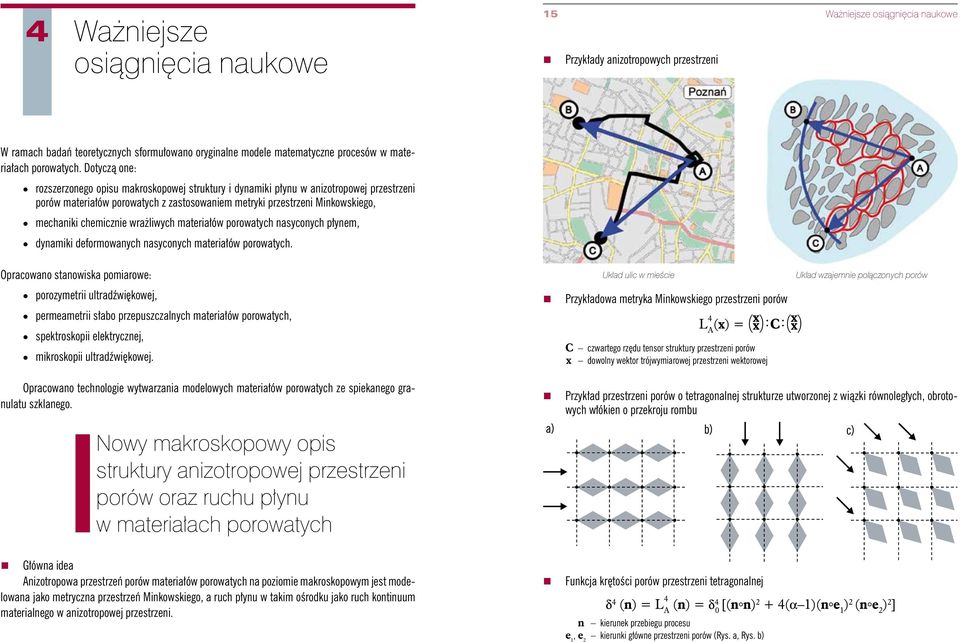 Dotyczą one: rozszerzonego opisu makroskopowej struktury i dynamiki płynu w anizotropowej przestrzeni porów materiałów porowatych z zastosowaniem metryki przestrzeni Minkowskiego, mechaniki