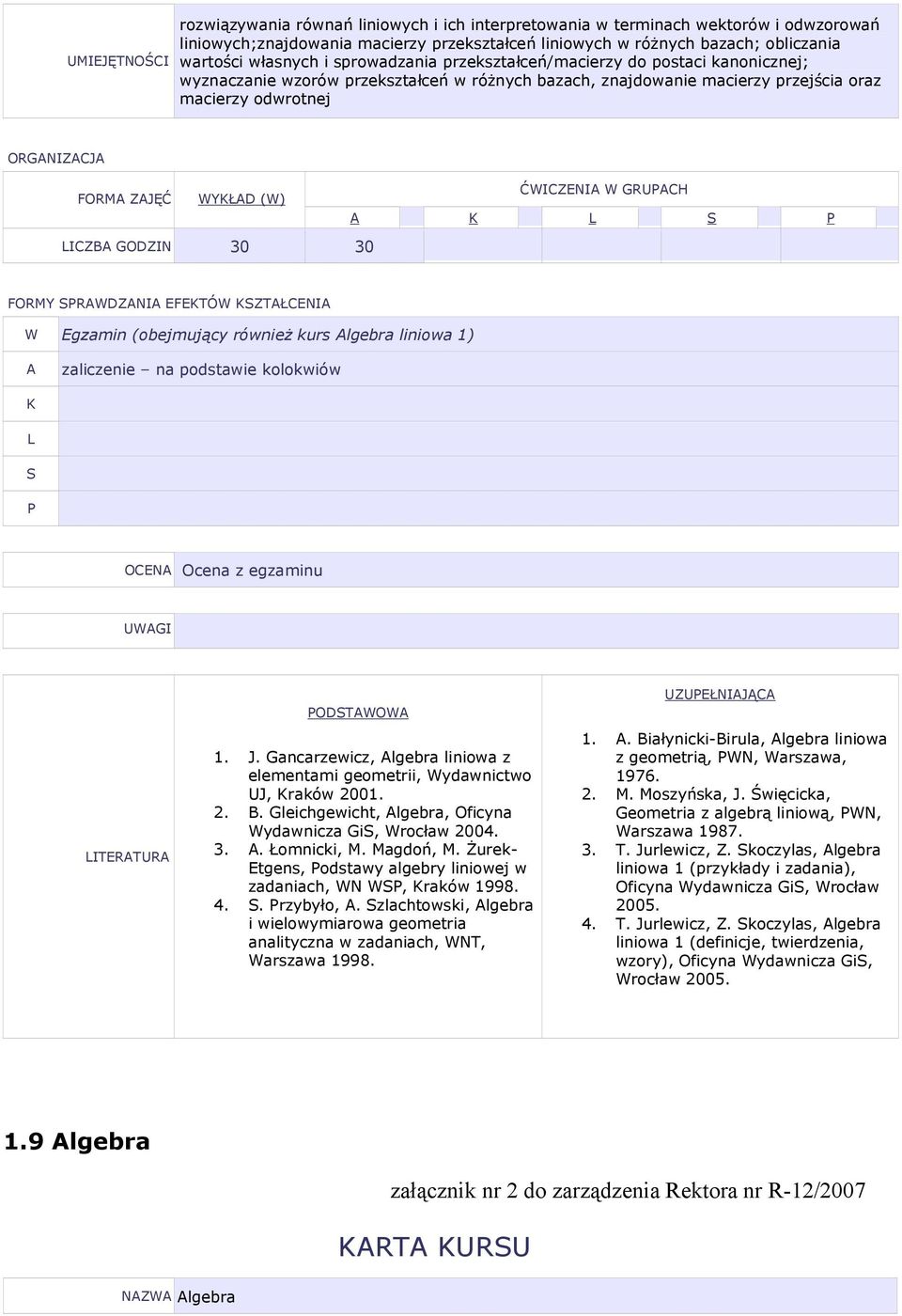 ĆICZENI GRUCH ICZB GODZIN 30 30 FORMY RDZNI EFEKTÓ KZTŁCENI Egzamin (obejmujący również kurs lgebra liniowa 1) zaliczenie na podstawie kolokwiów K OCEN Ocena z egzaminu ITERTUR ODTO 1. J.