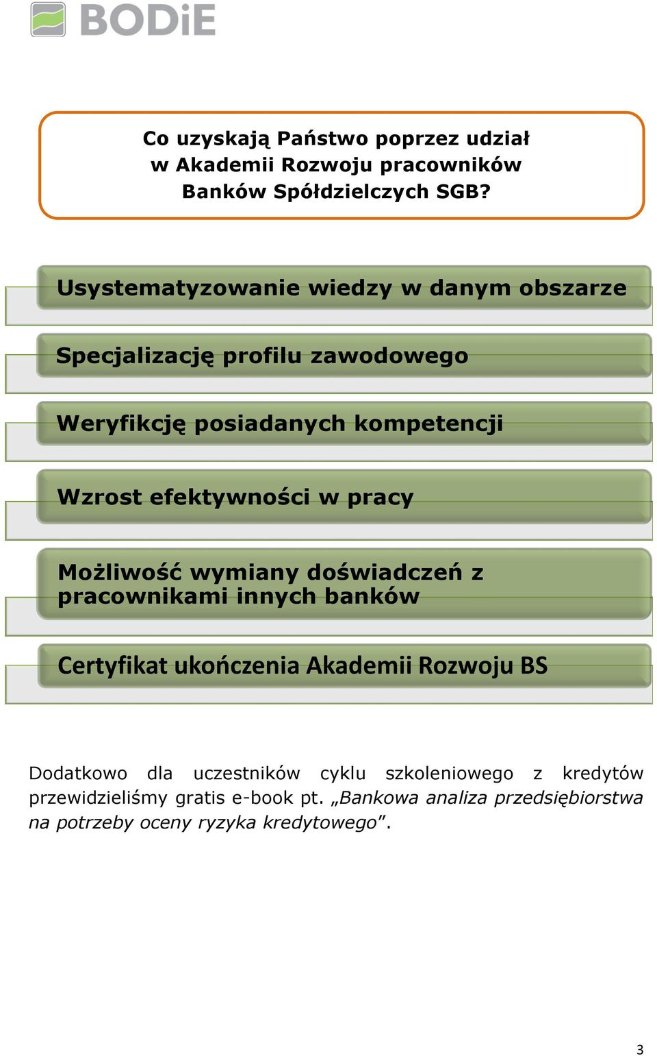 efektywności w pracy Możliwość wymiany doświadczeń z pracownikami innych banków Certyfikat ukończenia Akademii Rozwoju BS