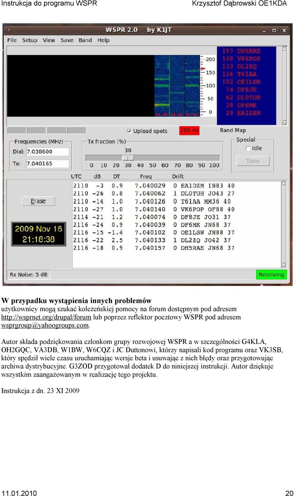 Autor składa podziękowania członkom grupy rozwojowej WSPR a w szczególności G4KLA, OH2GQC, VA3DB, W1BW, W6CQZ i JC Duttonowi, którzy napisali kod programu oraz VK3SB,