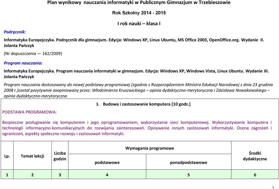 Program nauczania informatyki w gimnazjum. Edycja: Windows XP, Windows Vista, Linux Ubuntu. Wydanie III.