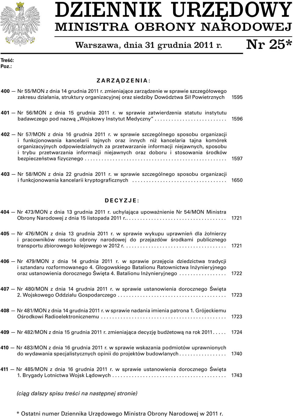 w sprawie zatwierdzenia statutu instytutu badawczego pod nazwą Wojskowy Instytut Medyczny.......................... 596 402 Nr 57/MON z dnia 6 grudnia 20 r.