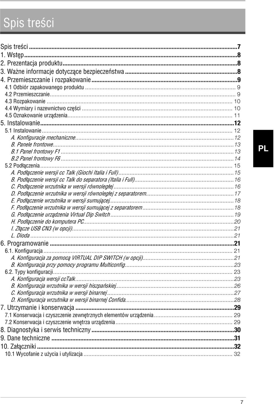 Panele frontowe...13 B.1 Panel frontowy F1...13 B.2 Panel frontowy F6...14 5.2 Podłączenia... 15 A. Podłączenie wersji cc Talk (Giochi Italia i Full)...15 B.