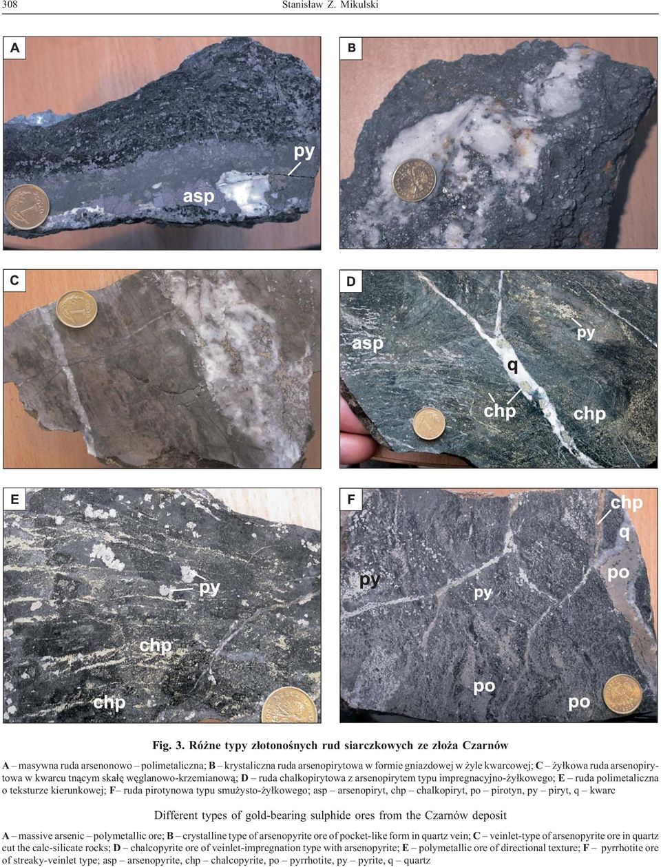 arsenopirytowa w kwarcu tn¹cym ska³ê wêglanowo-krzemianow¹; D ruda chalkopirytowa z arsenopirytem typu impregnacyjno- y³kowego; E ruda polimetaliczna o teksturze kierunkowej; F ruda pirotynowa typu