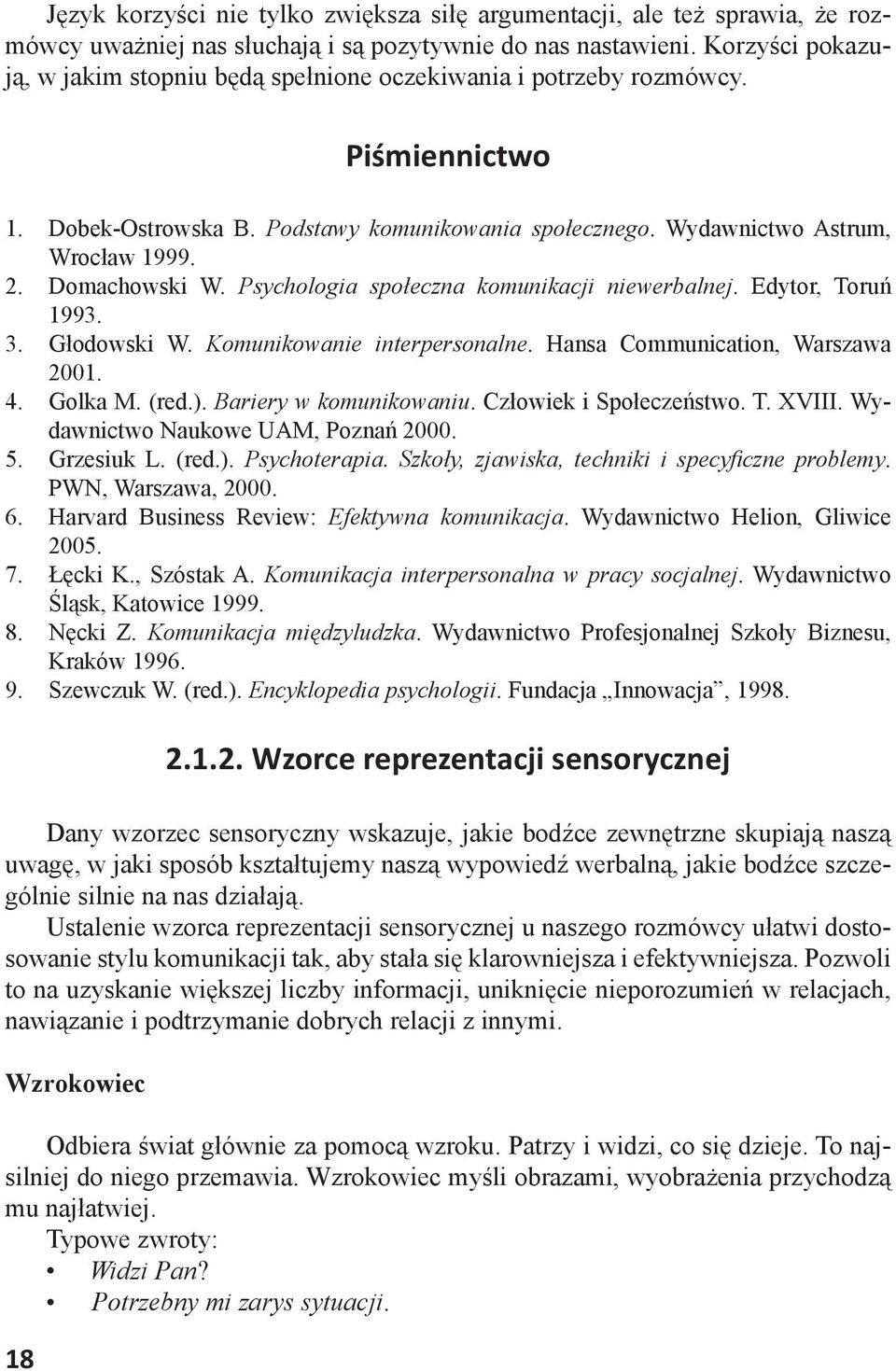 Domachowski W. Psychologia społeczna komunikacji niewerbalnej. Edytor, Toruń 1993. 3. Głodowski W. Komunikowanie interpersonalne. Hansa Communication, Warszawa 2001. 4. Golka M. (red.).