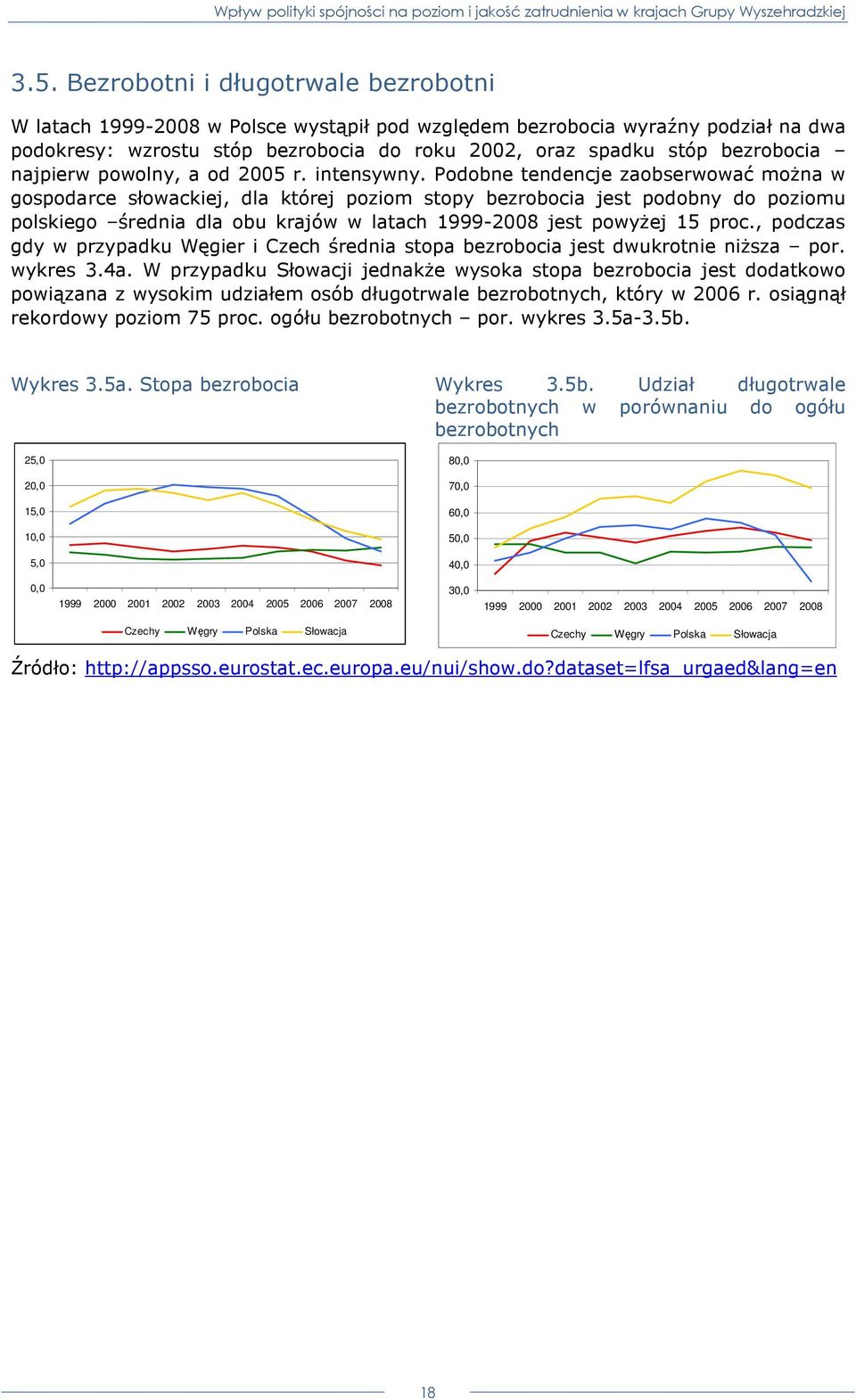 Podobne tendencje zaobserwować moŝna w gospodarce słowackiej, dla której poziom stopy bezrobocia jest podobny do poziomu polskiego średnia dla obu krajów w latach 1999-2008 jest powyŝej 15 proc.