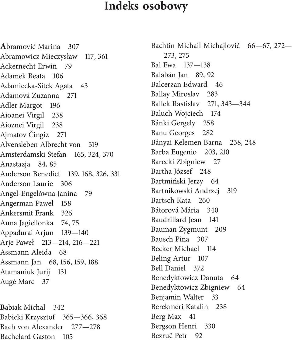 Paweł 158 Ankersmit Frank 326 Anna Jagiellonka 74, 75 Appadurai Arjun 139 140 Arje Paweł 213 214, 216 221 Assmann Aleida 68 Assmann Jan 68, 156, 159, 188 Atamaniuk Jurij 131 Augé Marc 37 Babiak