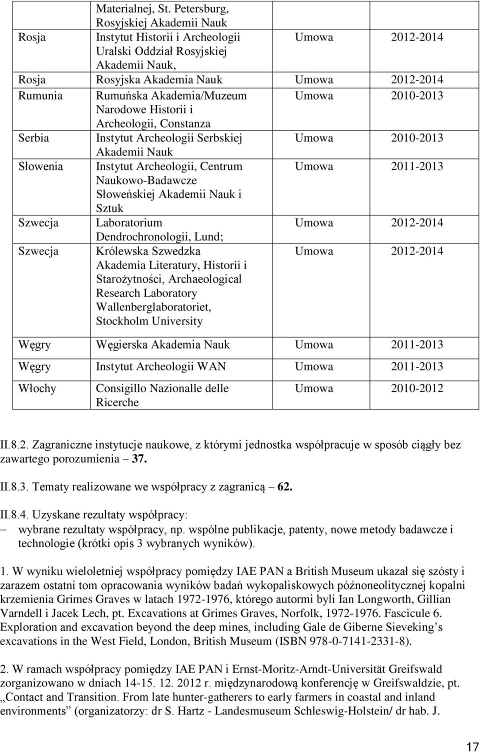 Akademia/Muzeum Umowa 2010-2013 Narodowe Historii i Archeologii, Constanza Serbia Instytut Archeologii Serbskiej Umowa 2010-2013 Akademii Nauk Słowenia Instytut Archeologii, Centrum Umowa 2011-2013