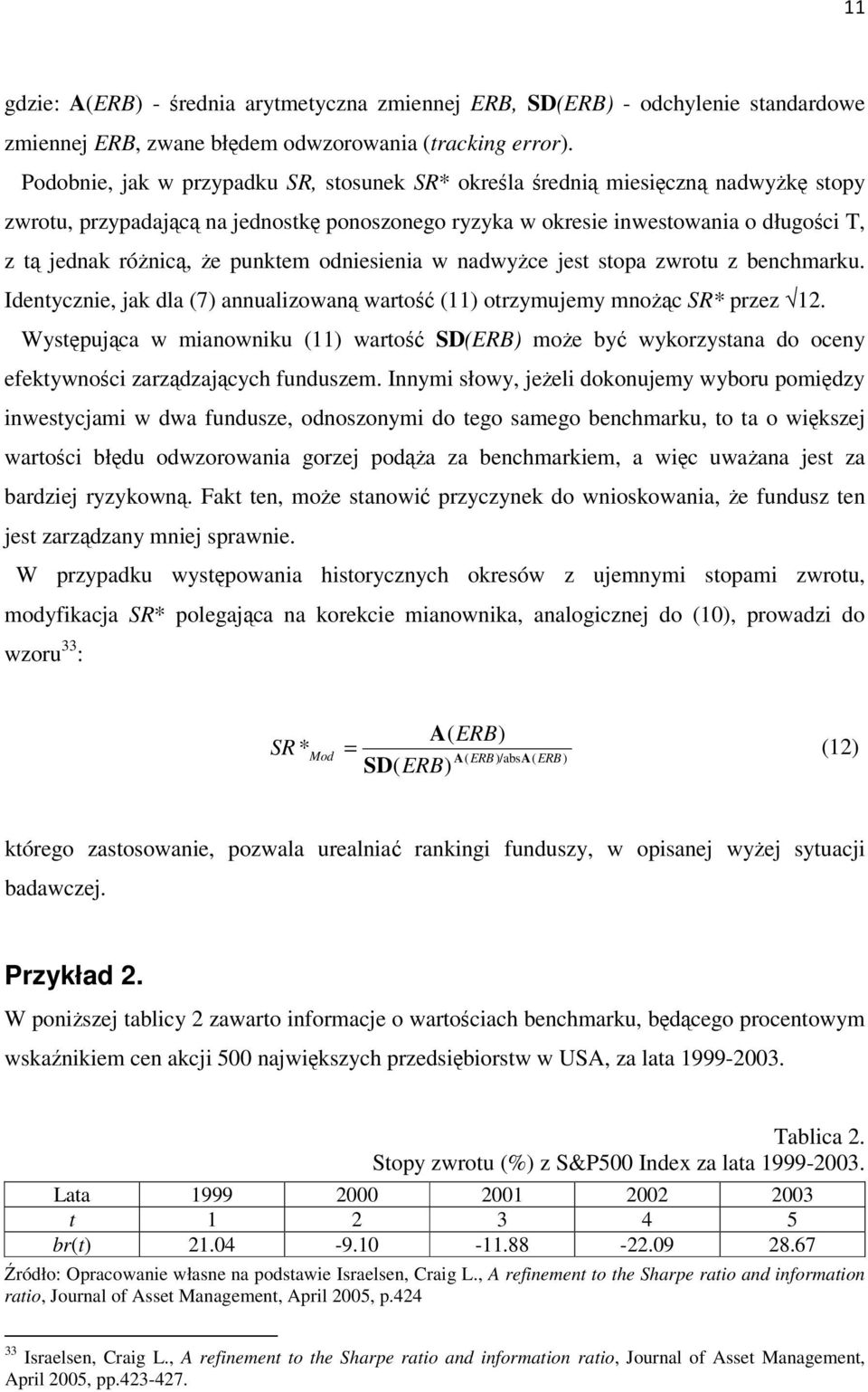 punktem odniesienia w nadwyżce jest stopa zwrotu z benchmarku. Identycznie, jak dla (7) annualizowaną wartość (11) otrzymujemy mnożąc SR* przez 12.