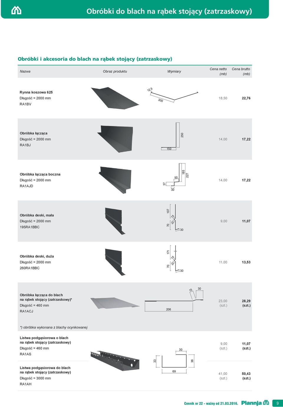 13,53 260RA1BBC 70 Obróbka łącząca do blach na rąbek stojący (zatrzaskowy)* Długość = 460 mm RA1ACJ 206 23,00 28,29 *) obróbka wykonana z blachy ocynkowanej Listwa podgąsiorowa o blach na rąbek