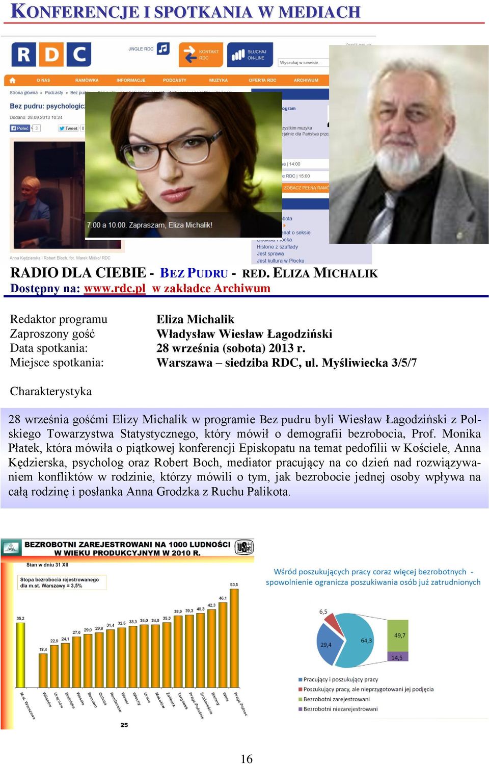 Myśliwiecka 3/5/7 Charakterystyka 28 września gośćmi Elizy Michalik w programie Bez pudru byli Wiesław Łagodziński z Polskiego Towarzystwa Statystycznego, który mówił o demografii bezrobocia, Prof.