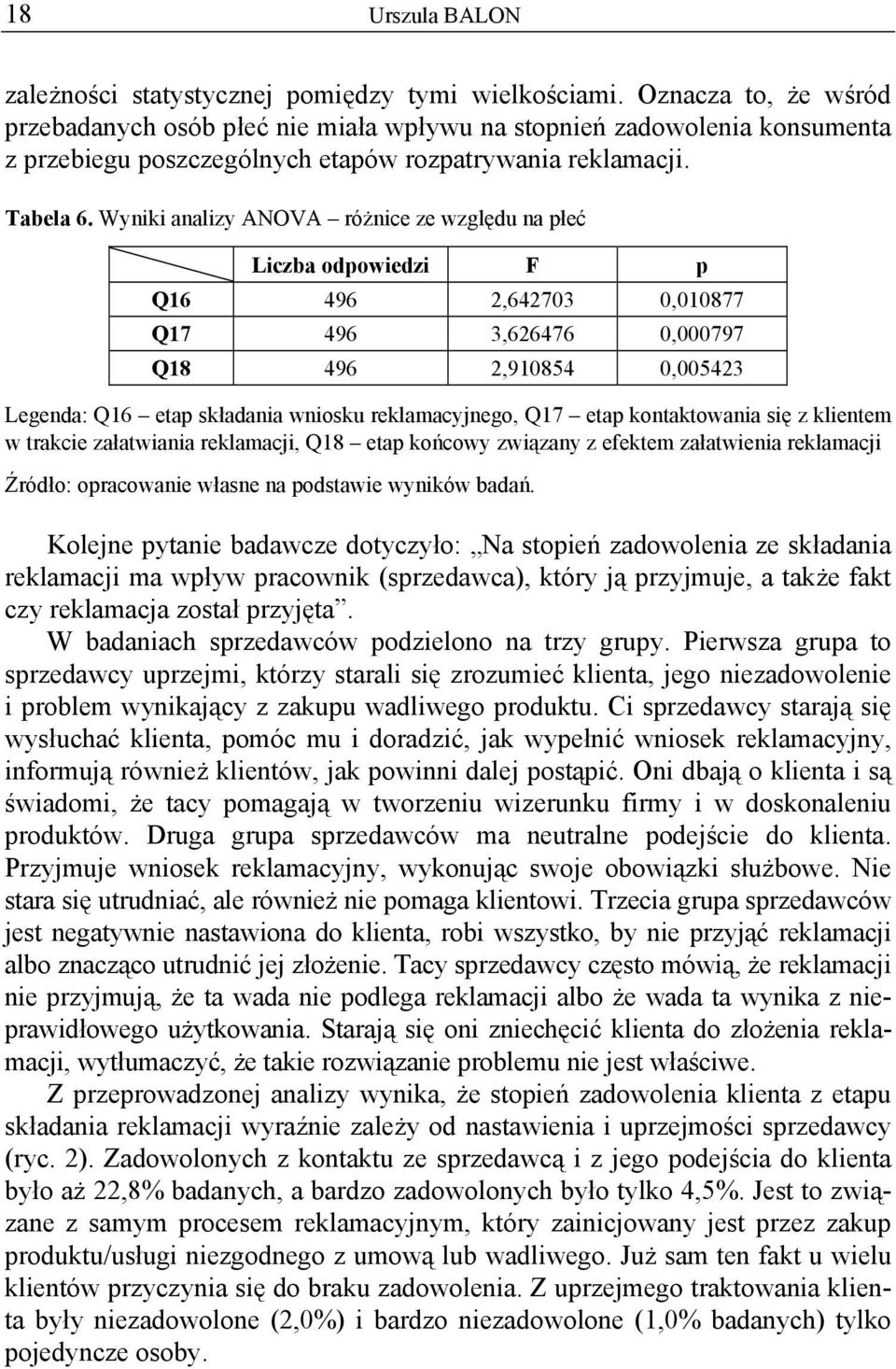 Wyniki analizy ANOVA różnice ze względu na płeć Liczba odpowiedzi F p Q16 496 2,642703 0,010877 Q17 496 3,626476 0,000797 Q18 496 2,910854 0,005423 Legenda: Q16 etap składania wniosku reklamacyjnego,